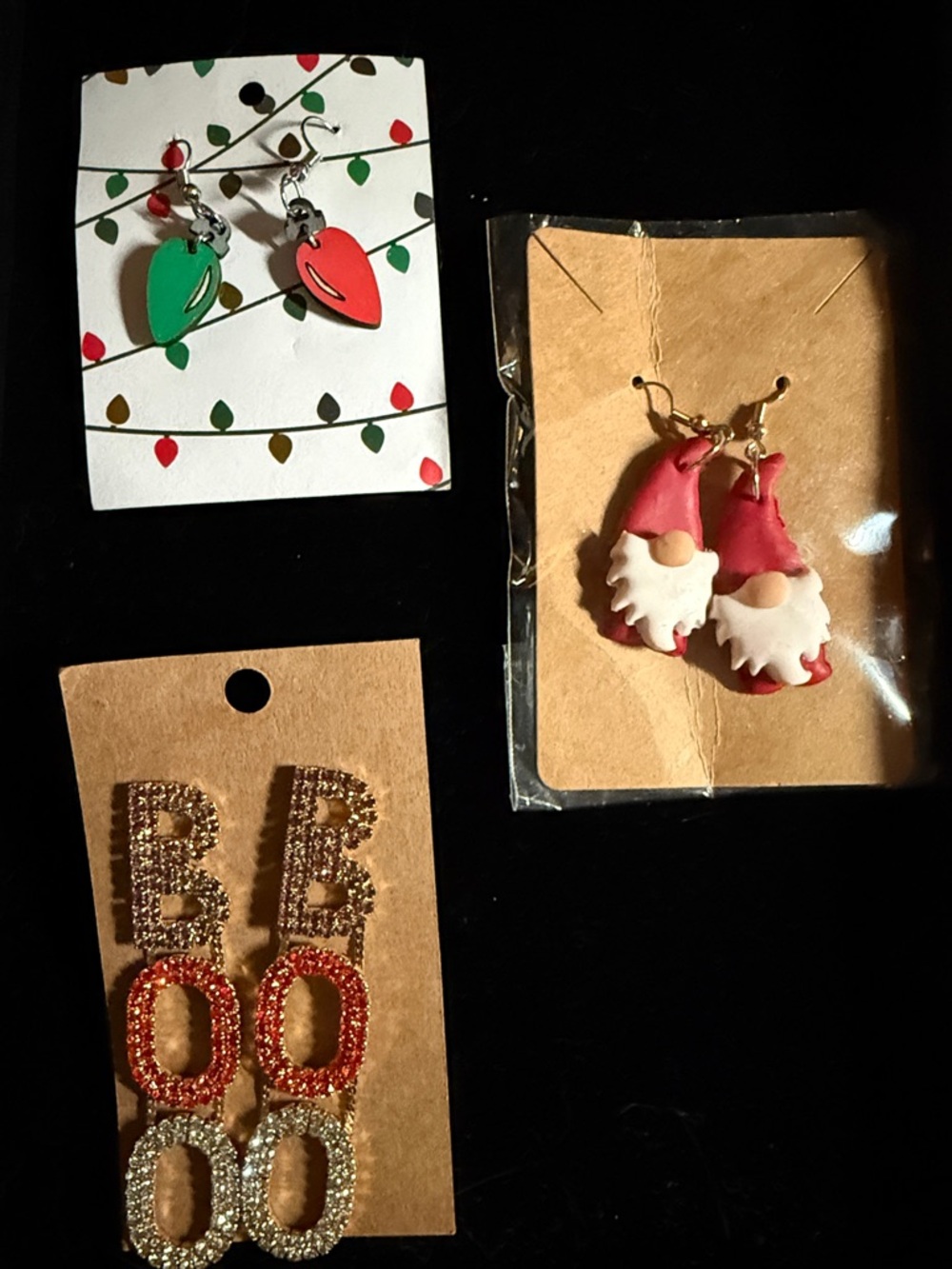 Festive Holiday Earrings Trio - Christmas Lights, Gnome, 'BOO' Drop